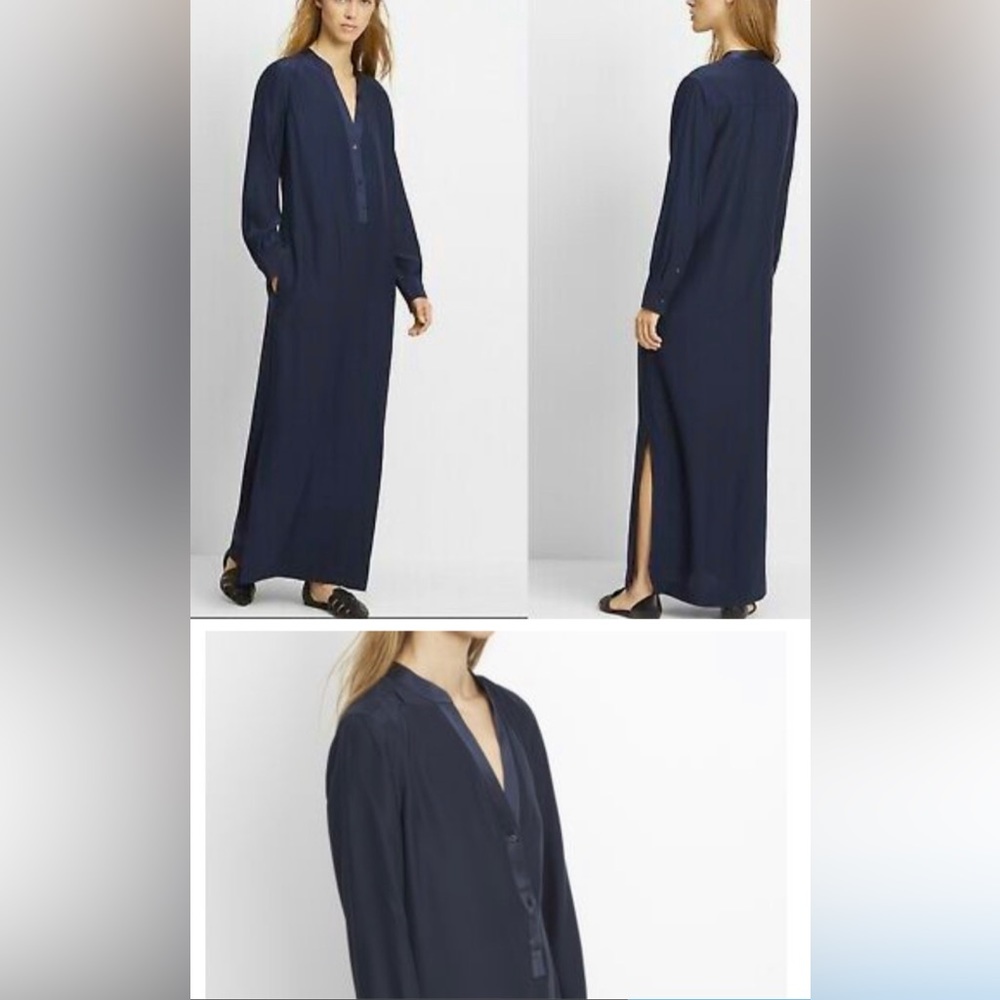COPY - Silk Blue Vince dress with pockets and side slits with a drawstring.